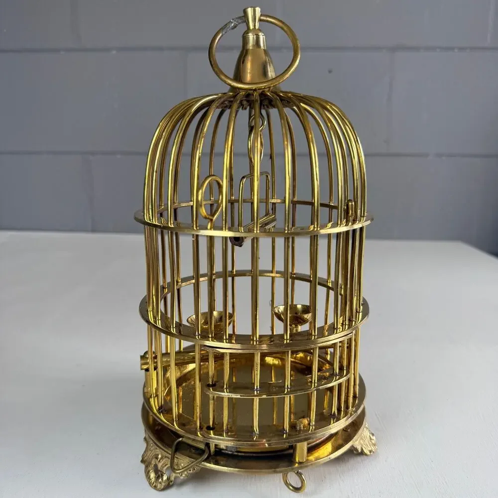 Vintage Solid Brass Bird Cage | Mid-Century Decorative Hanging Cage with Perch